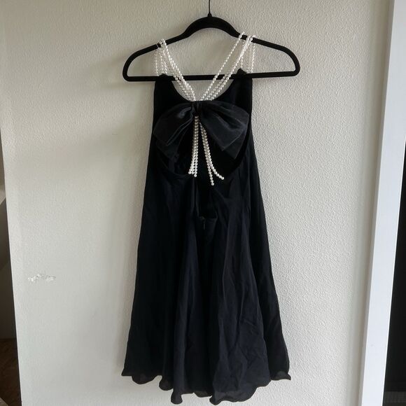 Vtg Neiman Marcus Rimini Little Black Dress Sz 12 Pearl Straps Bow Cocktail Prom - Picture 1 of 11